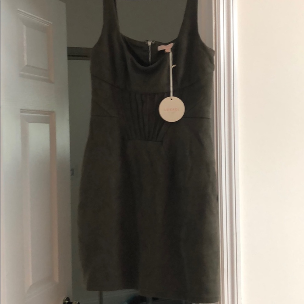 Luxxel Olive Green Suede low cut body-con dress M - Picture 7 of 8